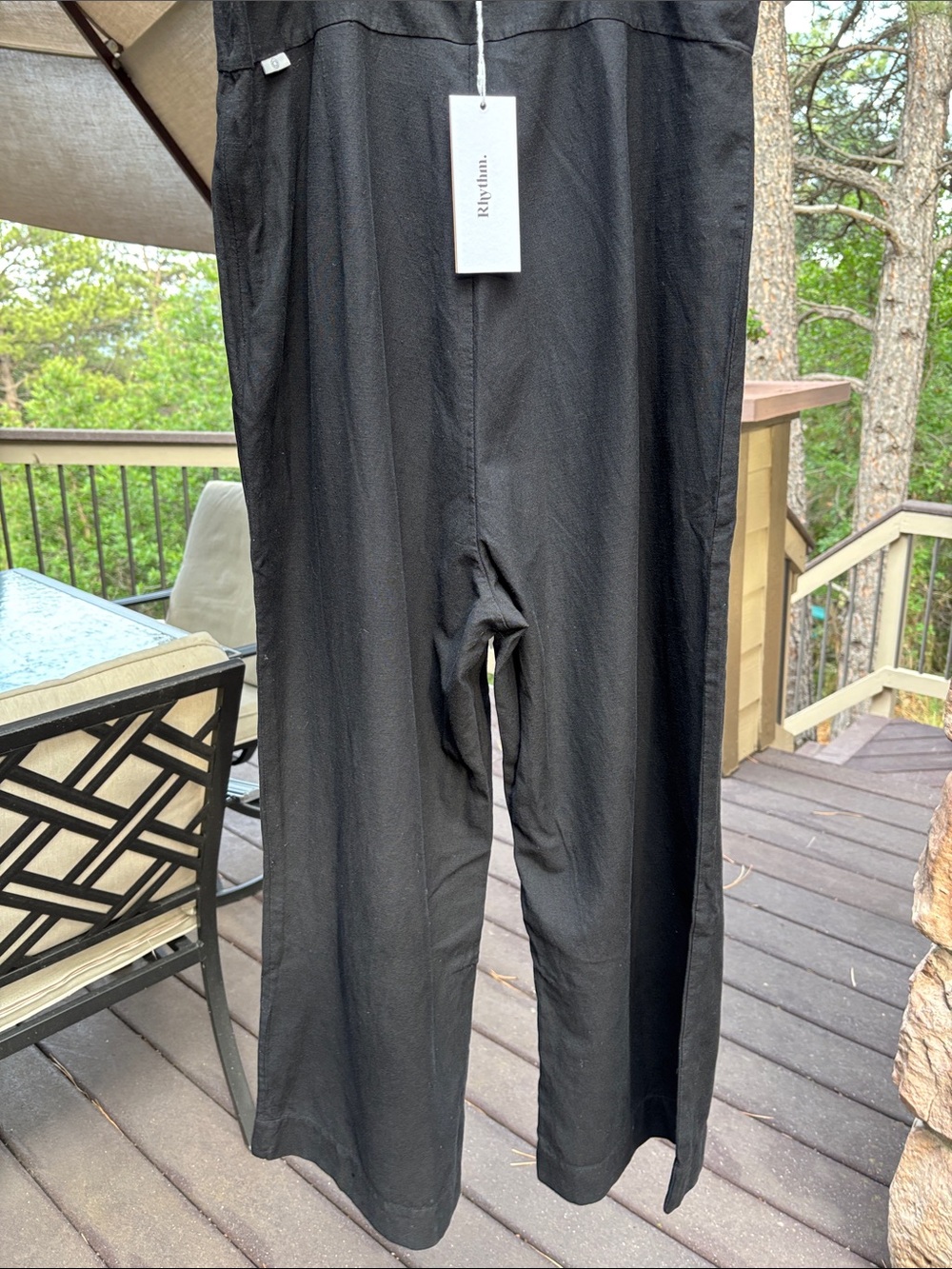NEW! Rhythm. 12L Black Wide-Leg Linen Spaghetti-Strap Classic Jumpsuit Overalls - Picture 6 of 17